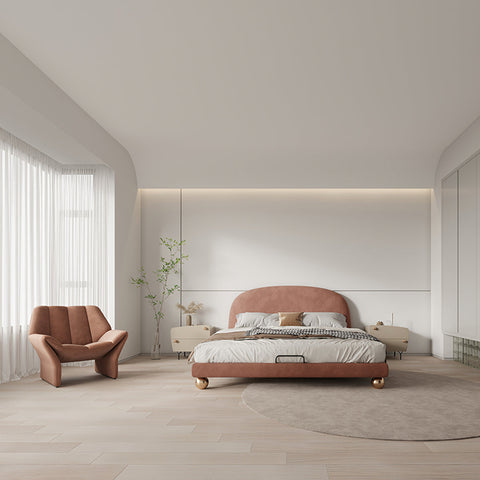 Plush rose-gold fatima king size bed with curved upholstered headboard and golden ball feet for girls bedroom
