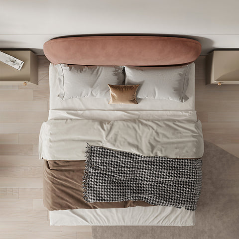 A king size fatima bed with a sleek blush pink upholstered curved headboard perfect for a girl’s size bed