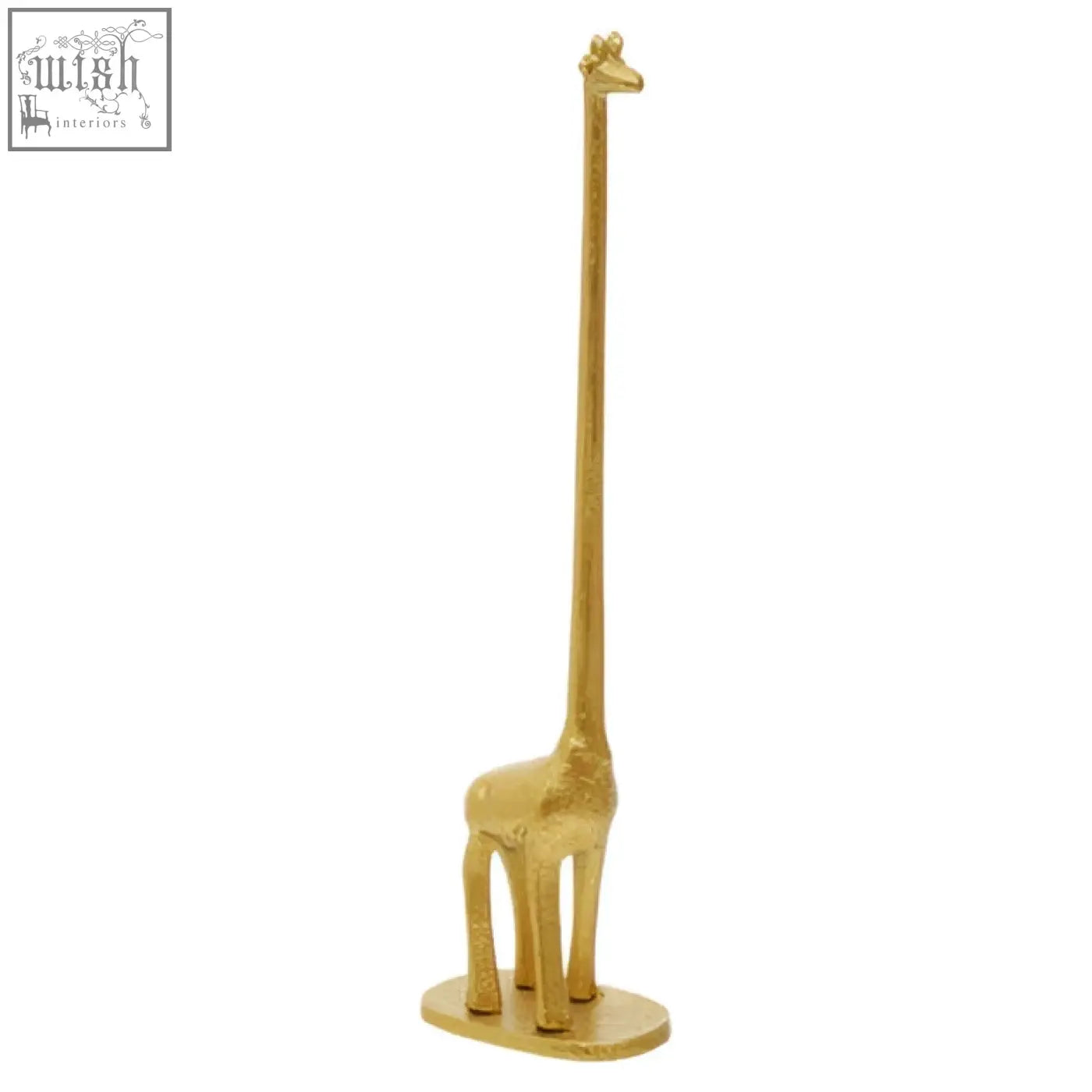 Gold-colored giraffe figurine toilet roll holder with sleek neck and detailed legs on oval base for toilet roll display