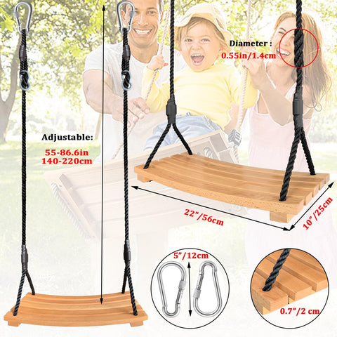 Adjustable wooden swing seat with black rope and metal carabiners perfect as a durable tree swing for outdoors