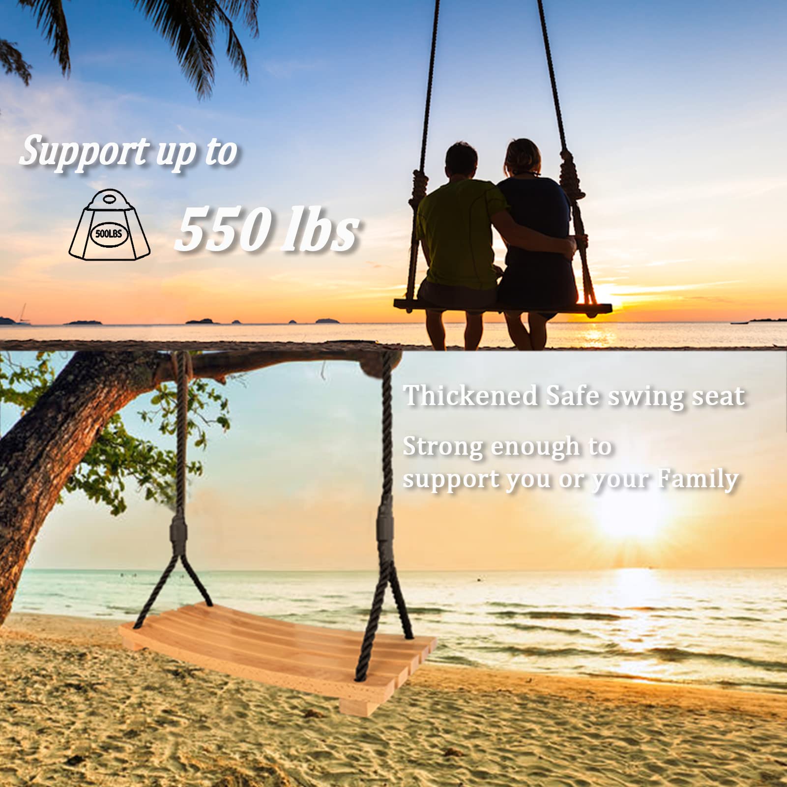 Favuit wooden swing seat with thick black ropes durable wood swing for safe outdoor garden and playground use