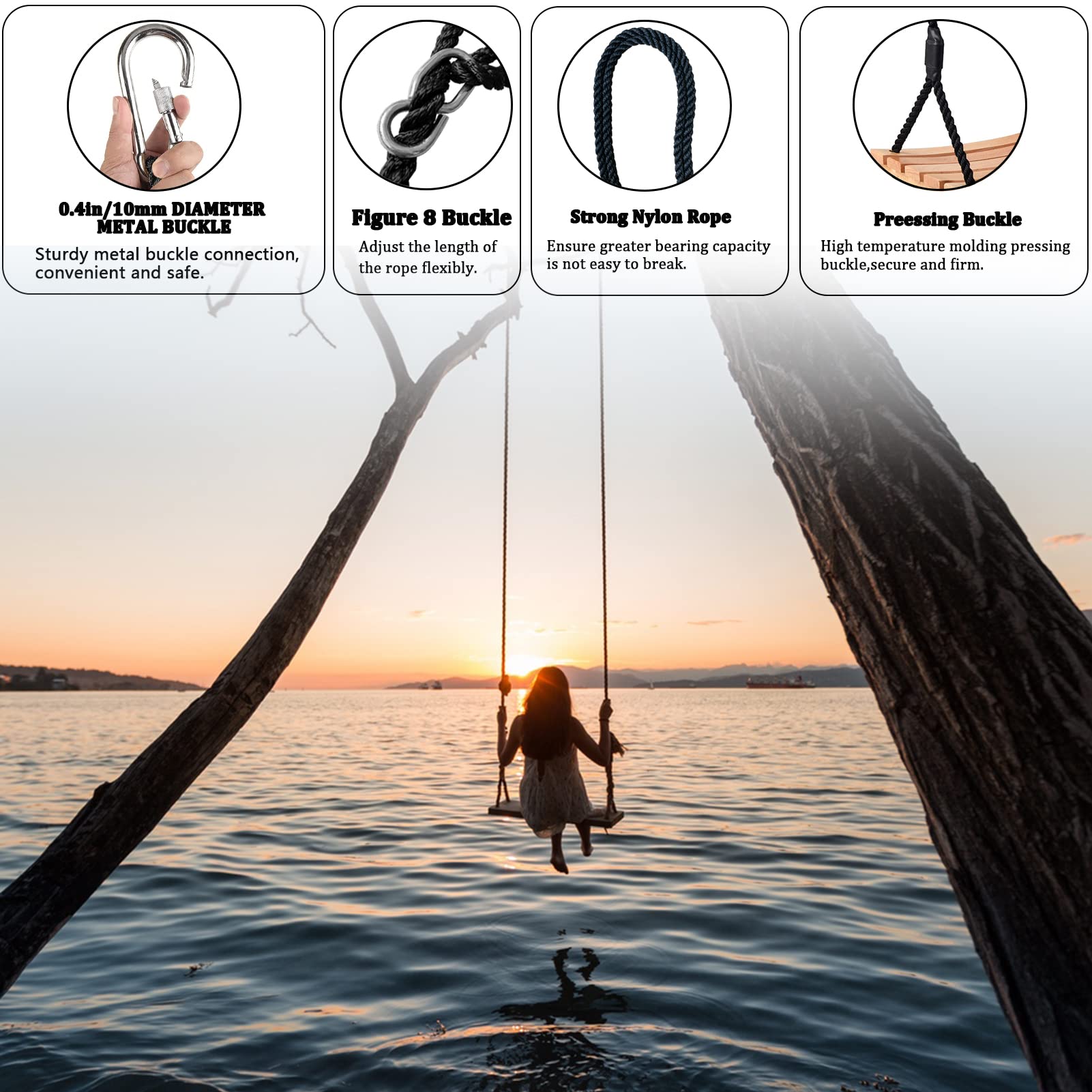 A sturdy black nylon rope with metal carabiner and figure 8 buckle for secure wooden swing seat outdoor use