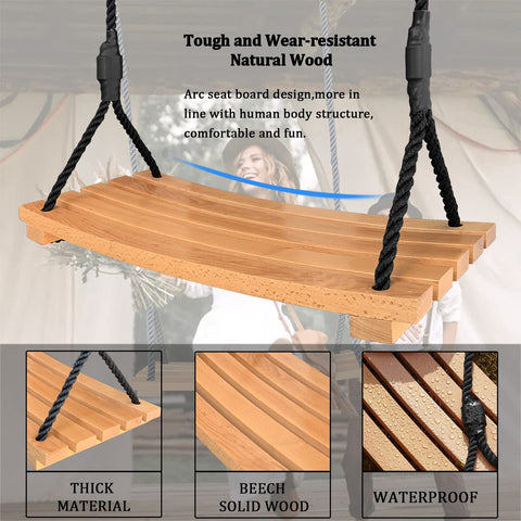 Sturdy light brown beech wooden swing seat with curved arc design and black rope for outdoor tree swing use