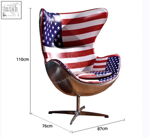 Fawkes aviator office chair with american flag egg shape, leather upholstery and aluminum shell on metal base
