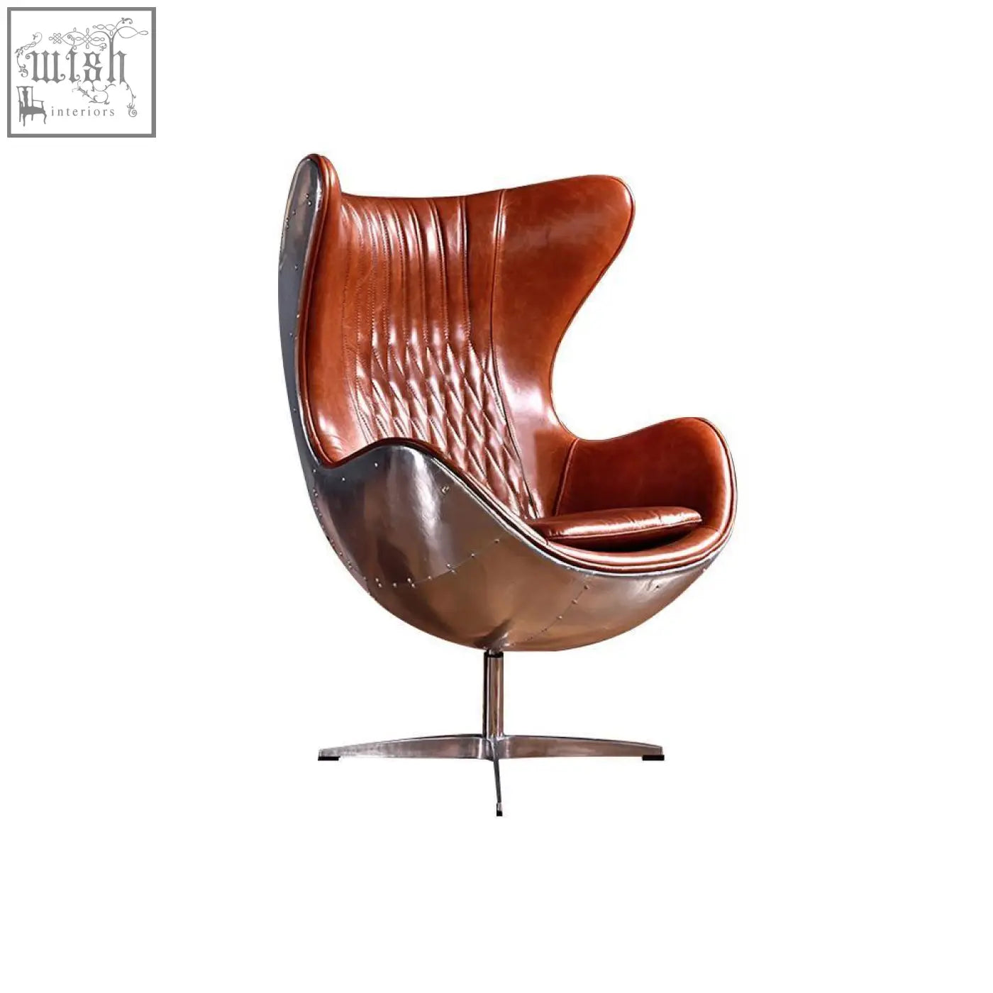 Brown leather fawkes aviator office chair with quilted detailing and metallic aluminium shell frame