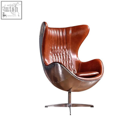 Brown leather fawkes aviator office chair with quilted detailing and metallic aluminium shell frame