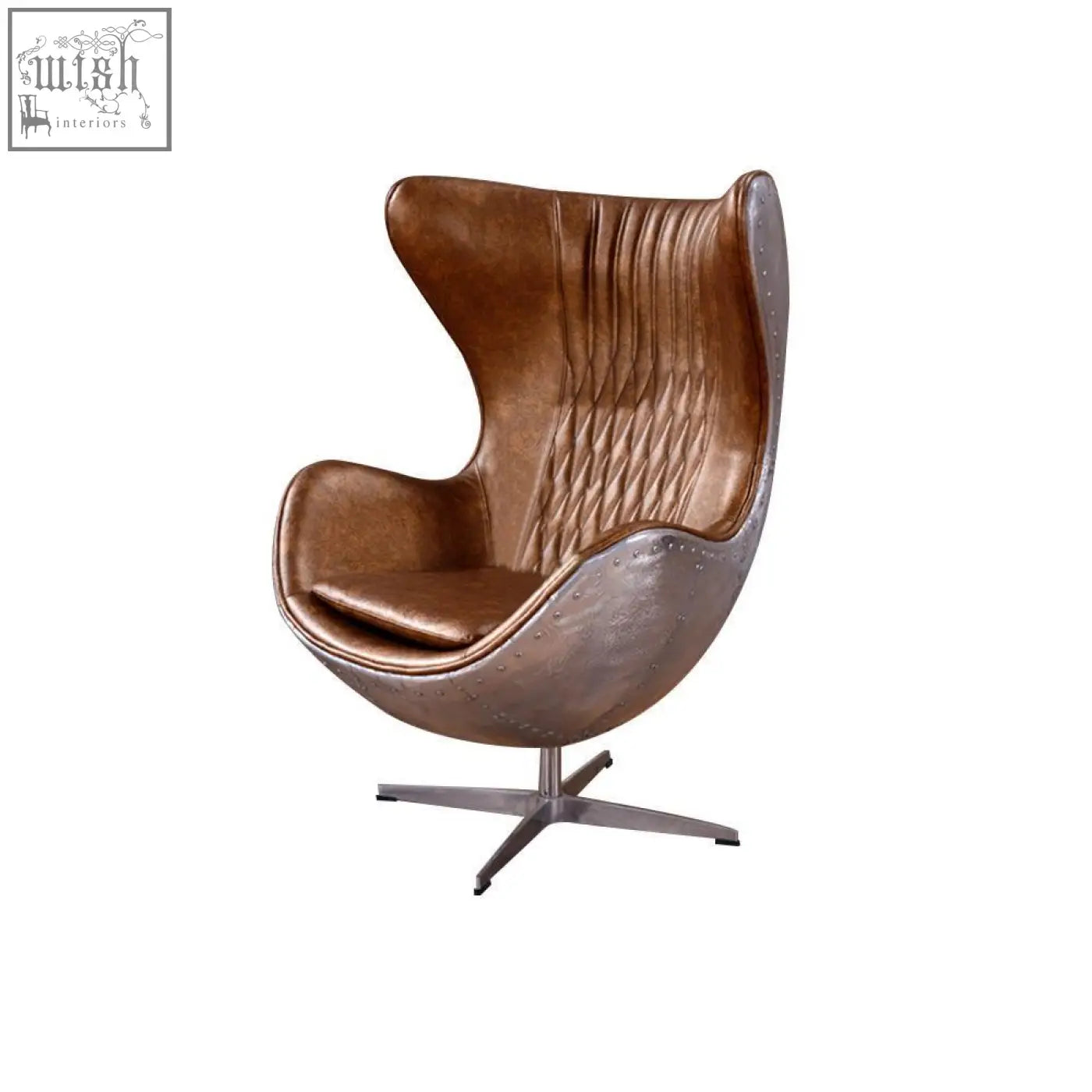 Brown leather fawkes aviator office chair with quilted back and metal rivets in aluminium shell design