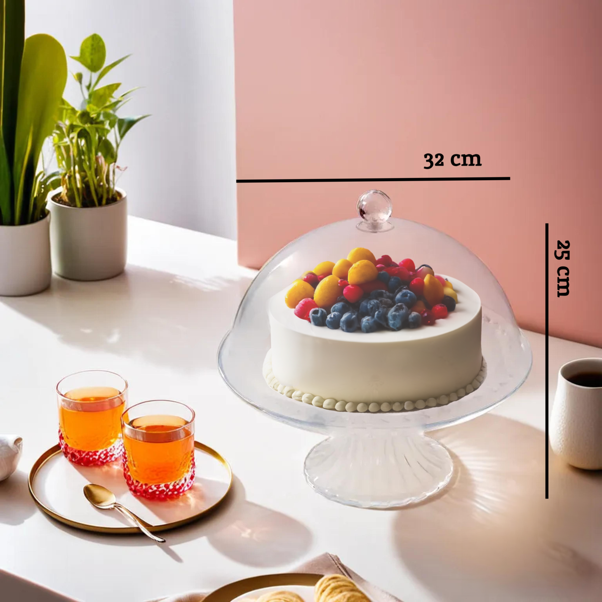 Faye clear acrylic cake stand with dome lid features a clear acrylic stand holding white frosted cake with berries
