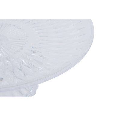 Faye clear acrylic cake stand with dome lid features a clear glass plate with intricate floral etching and scalloped edge