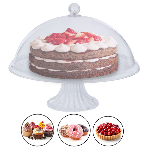 Faye clear acrylic cake stand with dome lid features a clear acrylic base and a crystal knob on top