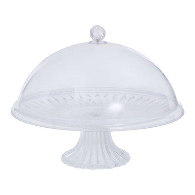 Faye clear acrylic cake stand with dome lid featuring a decorative fluted base and clear acrylic material