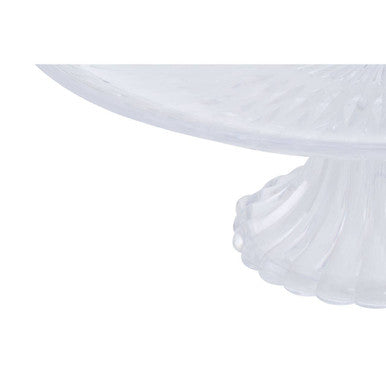 Faye clear acrylic cake stand with dome lid in translucent white glass and fluted scalloped base with textured rim