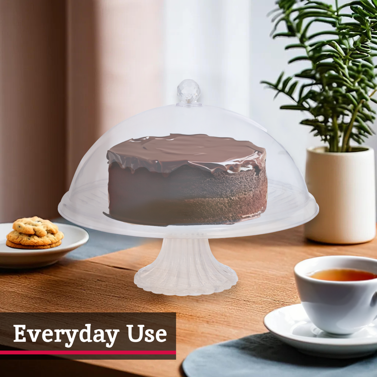 Faye clear acrylic cake stand with dome lid featuring a translucent glass dome lid and fluted base covering a chocolate cake