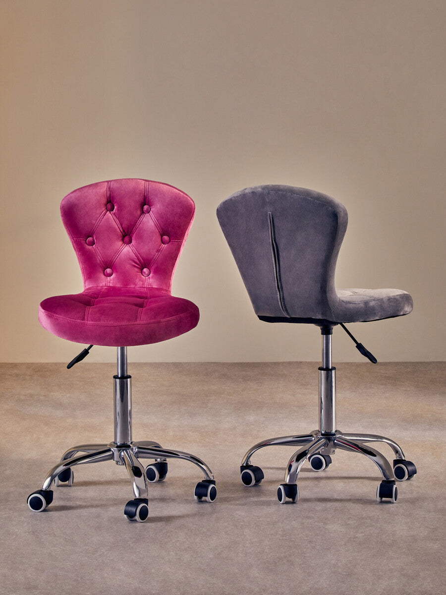 Fayth grey velvet buttoned home office chair with fuchsia velvet tufted seat and chrome base with black casters