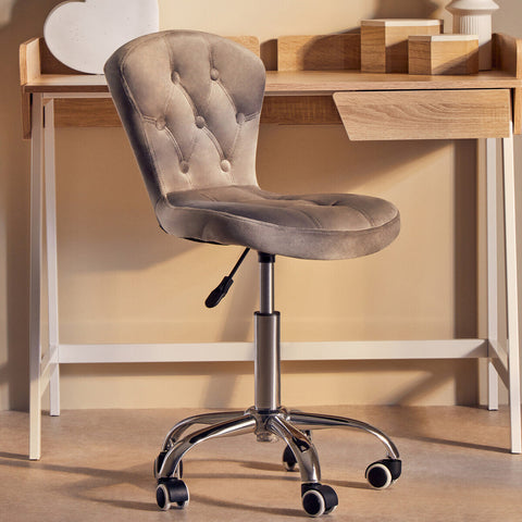 Beige tufted velvet office chair with chrome base and casters perfect for home office use in grey velvet style
