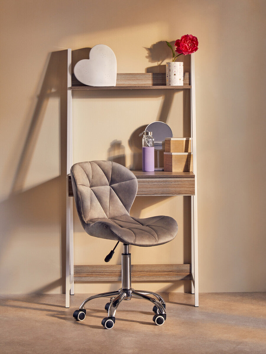 Fayth grey velvet buttoned home office chair with quilted design chrome base and casters for easy mobility
