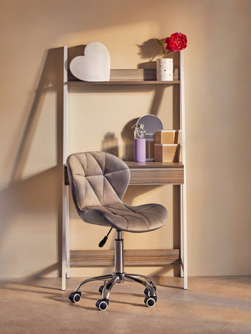 Fayth grey velvet buttoned home office chair with quilted design chrome base and casters for easy mobility