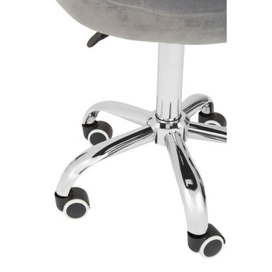 Fayth grey velvet buttoned home office chair with gray upholstered seat and chrome five-star base with black caster wheels