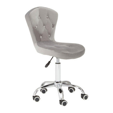 Fayth grey velvet buttoned home office chair with tufted velvet upholstery chrome base and casters