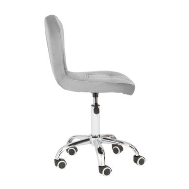 Fayth grey velvet buttoned home office chair with grey upholstered seat and chrome base with casters
