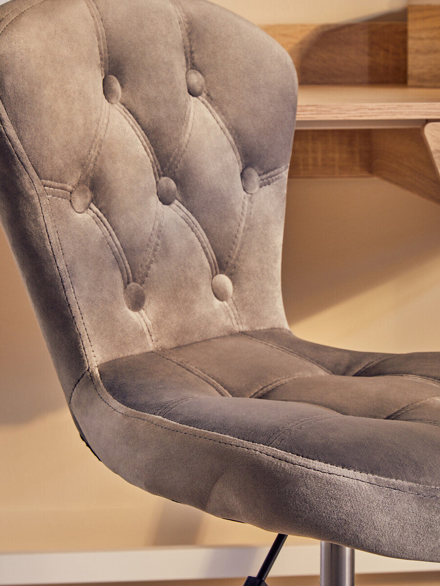 Fayth grey velvet buttoned home office chair with sleek tufted design and modern metallic base for comfort