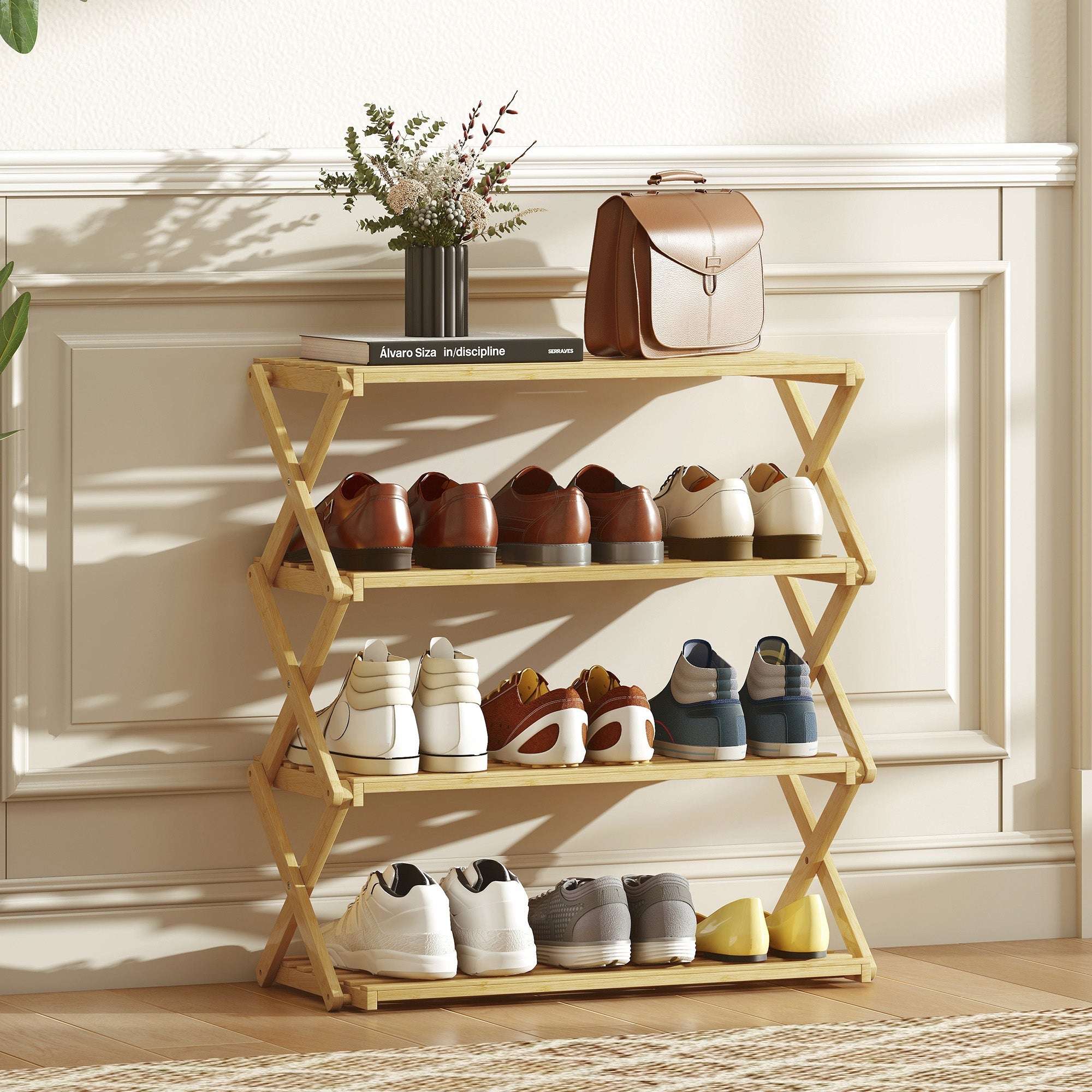 HOMCOM Four-Tier Folding Bamboo Shoe Rack - Natural Finish