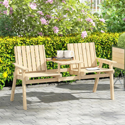 Outsunny 2-Seater Garden Loveseat with Table and Parasol Hole for Porch, Patio, Natural Wood Finish