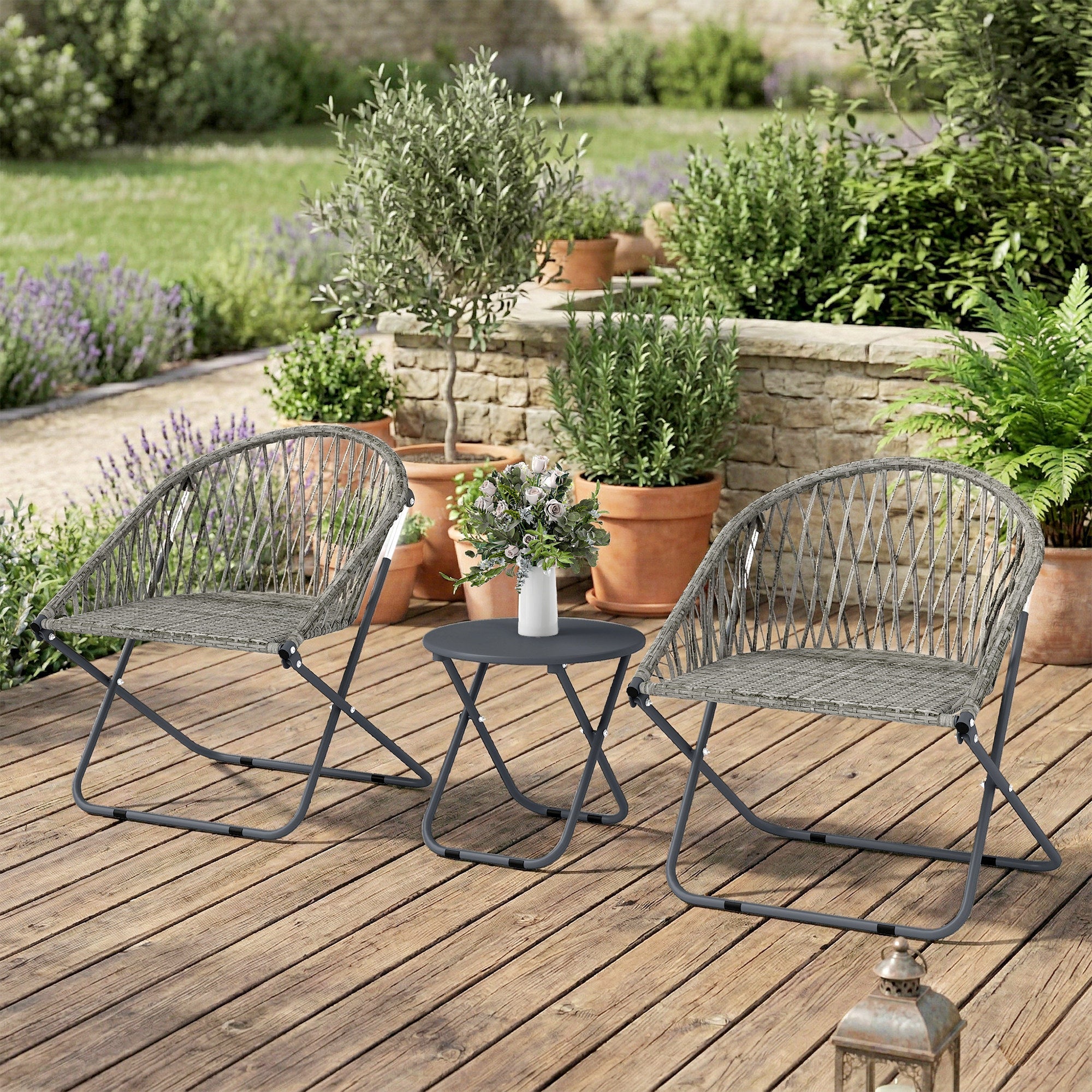 Outsunny Patio Bistro Set, Folding Patio Furniture Set with 2 Chairs and Table, Grey