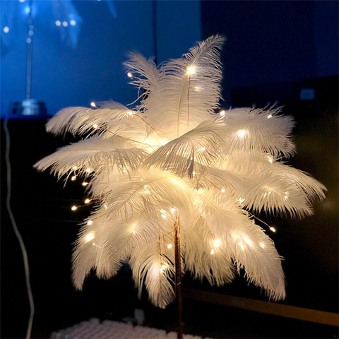 White feather lamp with warm glowing lights for bedroom decoration featuring remote control and power supply options