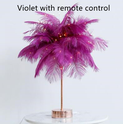 Violet feather lamp with integrated led lights and remote control perfect for modern bedroom bedside power supply included