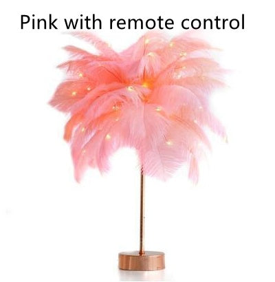 Pink feather lamp with slender gold-toned stand and base perfect for nordic bedroom decoration with remote control power supply