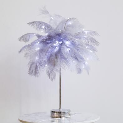 A delicate translucent feather lamp with a slender metallic stand and base perfect for bedroom decoration with remote control and power supply