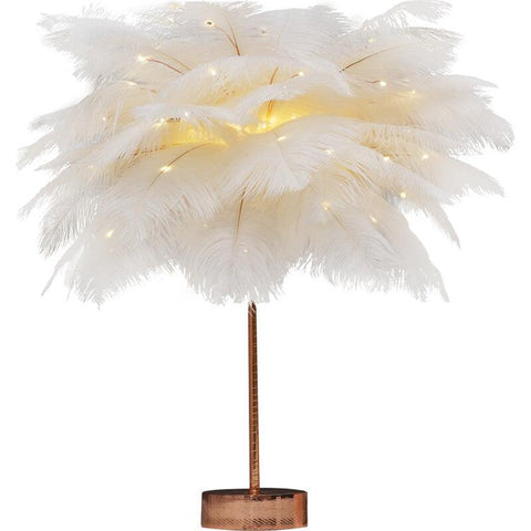 A white feather lamp with copper base and warm led lights perfect for bedside decoration with remote control power supply