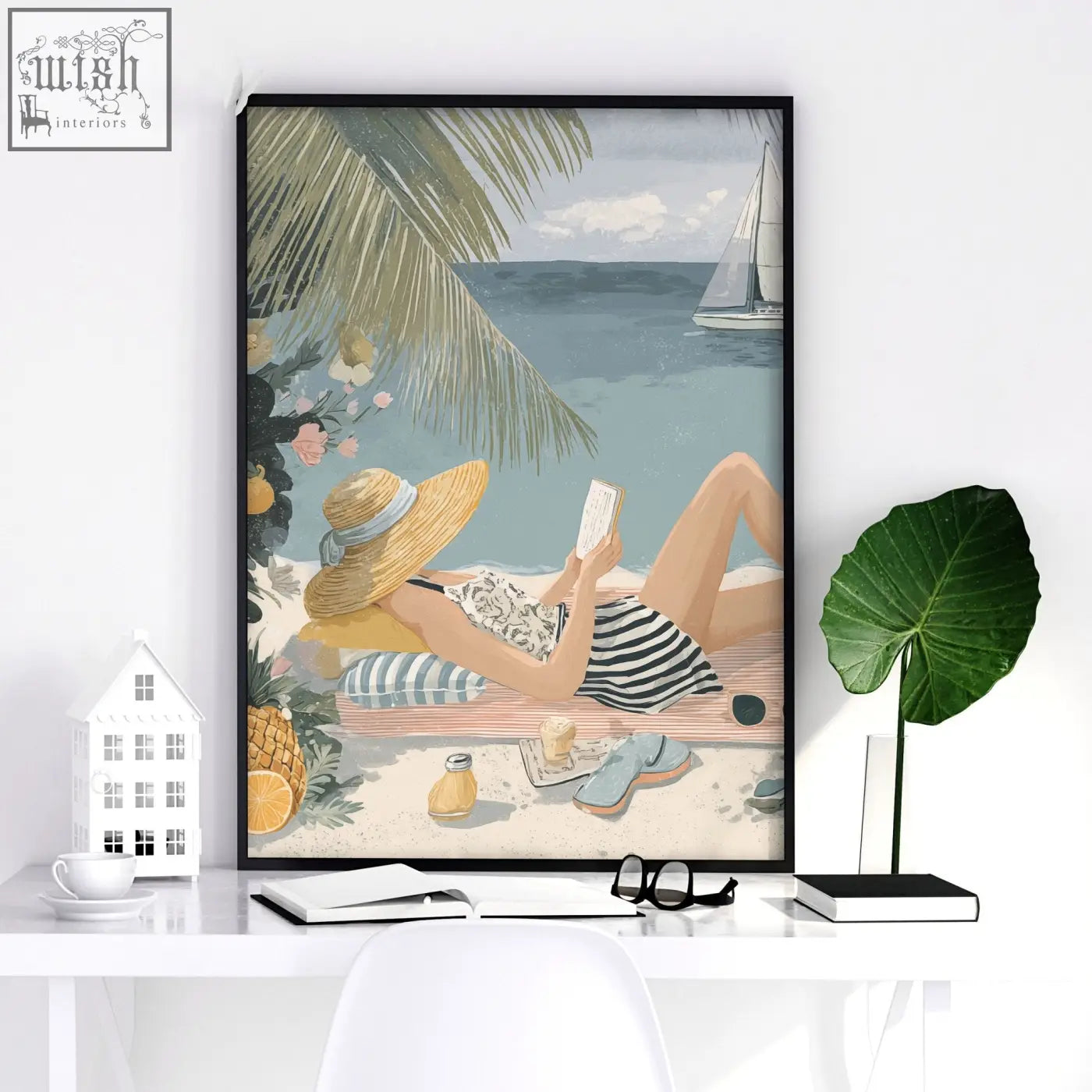 Beach-themed lifestyle wall art print featuring woman in straw hat reading under palms with sailboat horizon view