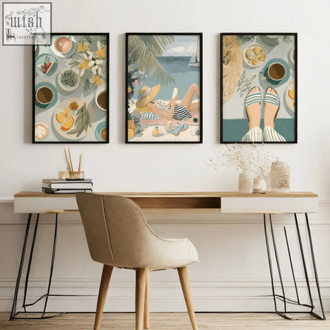 Beige upholstered chair with wooden legs next to feature wall art set of 3 italian lifestyle wall prints