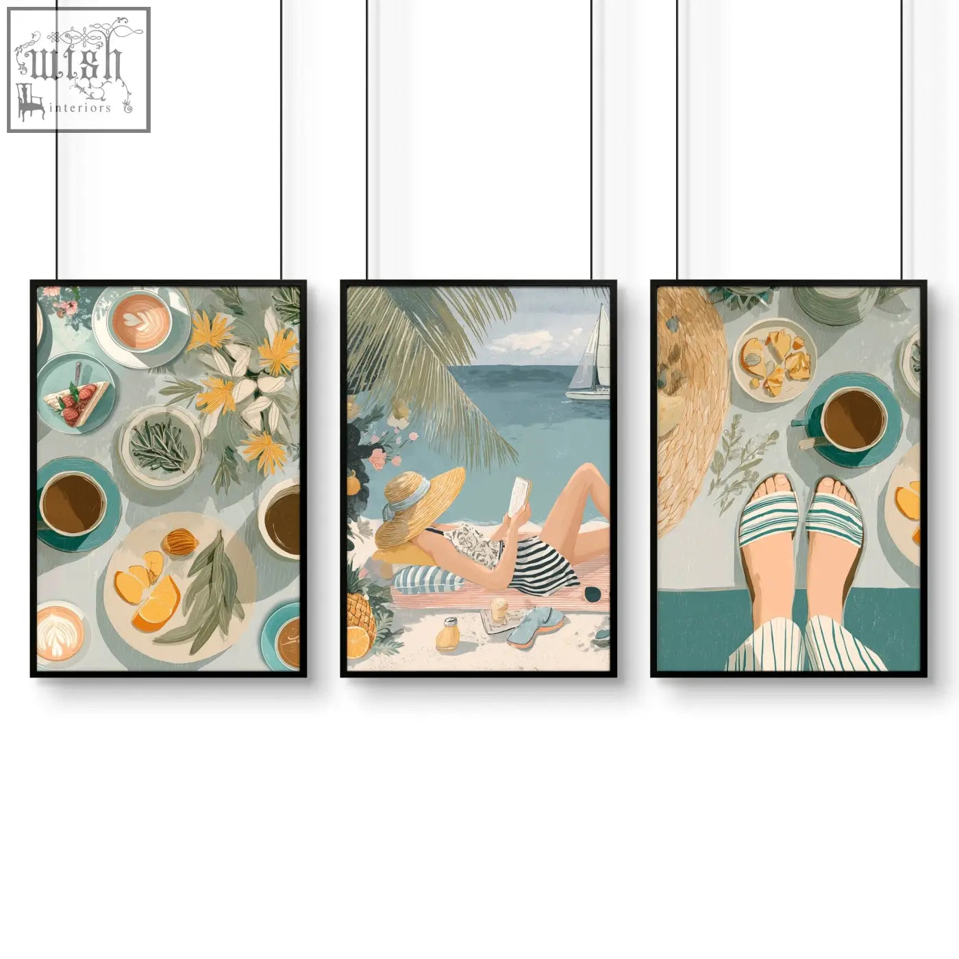 Set of three framed italian lifestyle wall art prints with pastel illustrations and black frames for feature wall decor