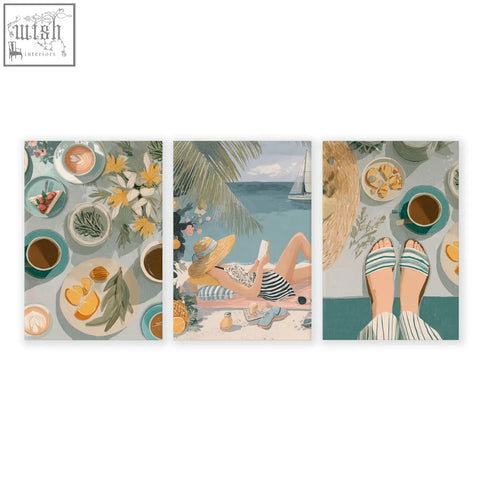Set of 3 italian lifestyle wall art prints featuring pastel beach-themed tropical scenes with striped patterns wall art
