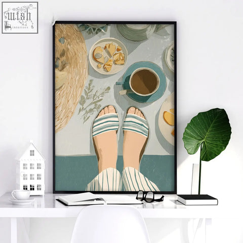 A framed lifestyle wall art print featuring feet in striped sandals with coffee and pastries for italian lifestyle wall