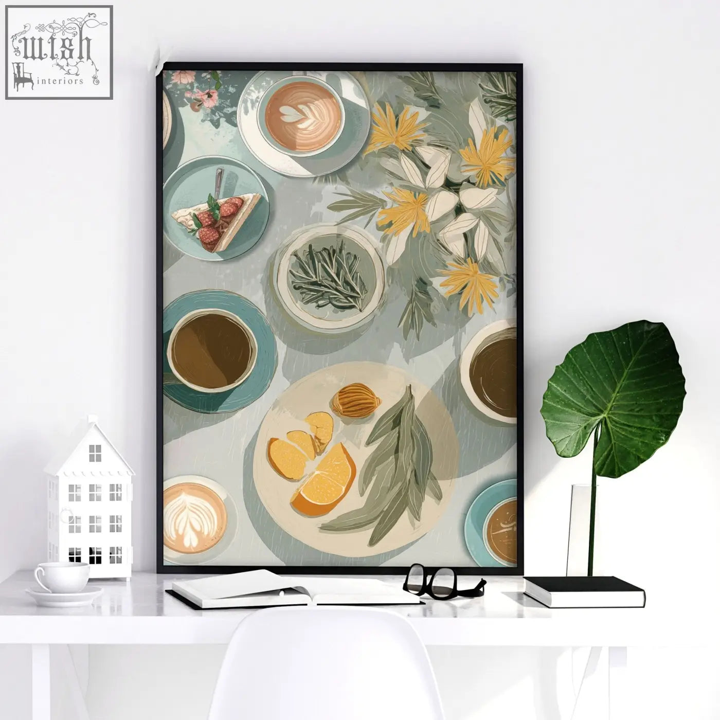 A framed illustration poster of italian lifestyle wall art showing coffee cups pastries and flowers in soft teal and cream tones