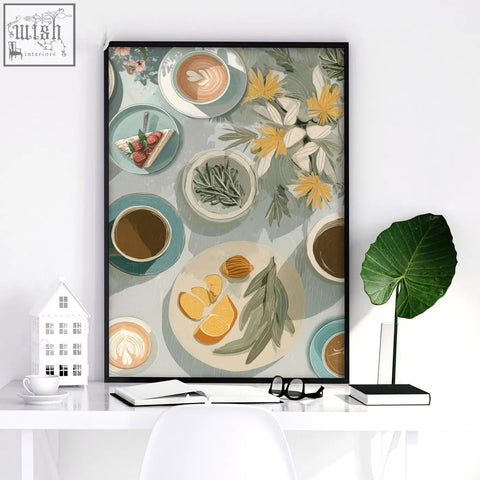 A framed illustration poster of italian lifestyle wall art showing coffee cups pastries and flowers in soft teal and cream tones