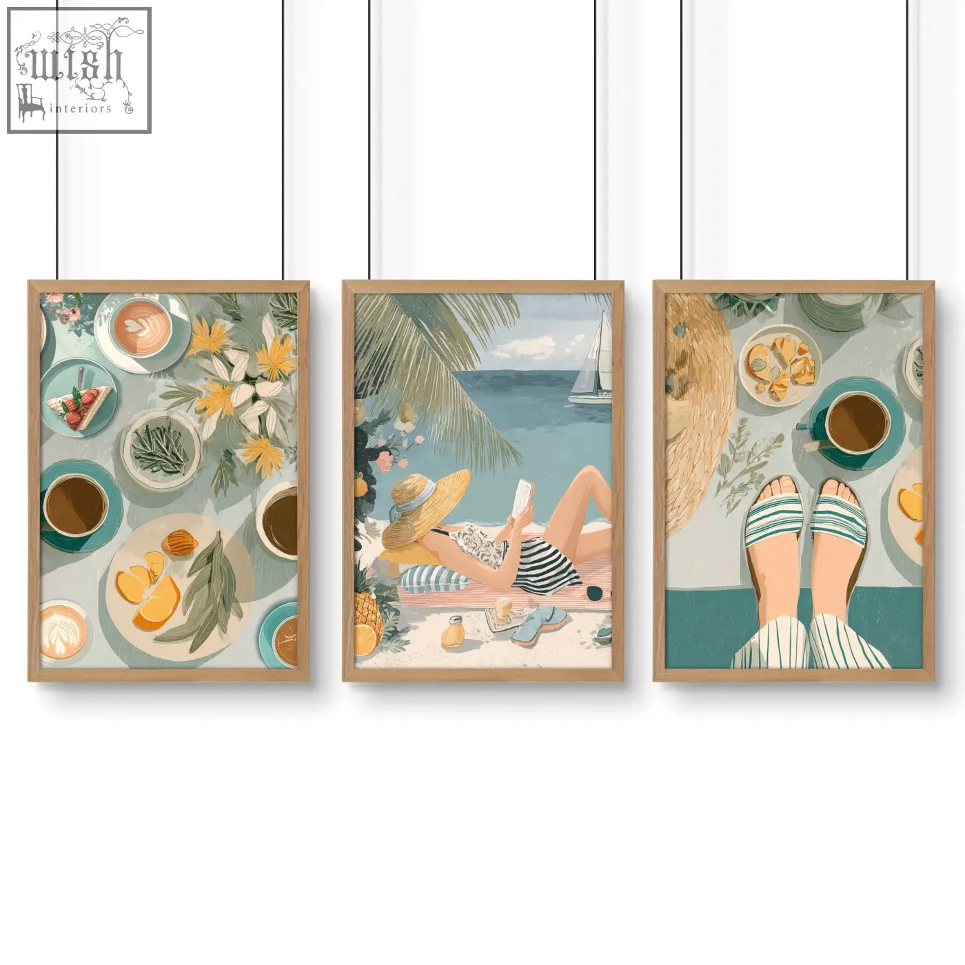 Set of 3 italian lifestyle wall art prints featuring framed beach-themed illustrations in soft pastel colors and light wood frames