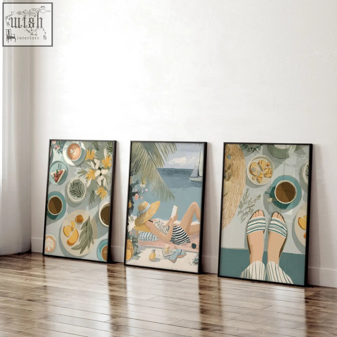 Three framed italian lifestyle wall art prints with pastel colors featuring delicate illustrated leisurely moments leaning