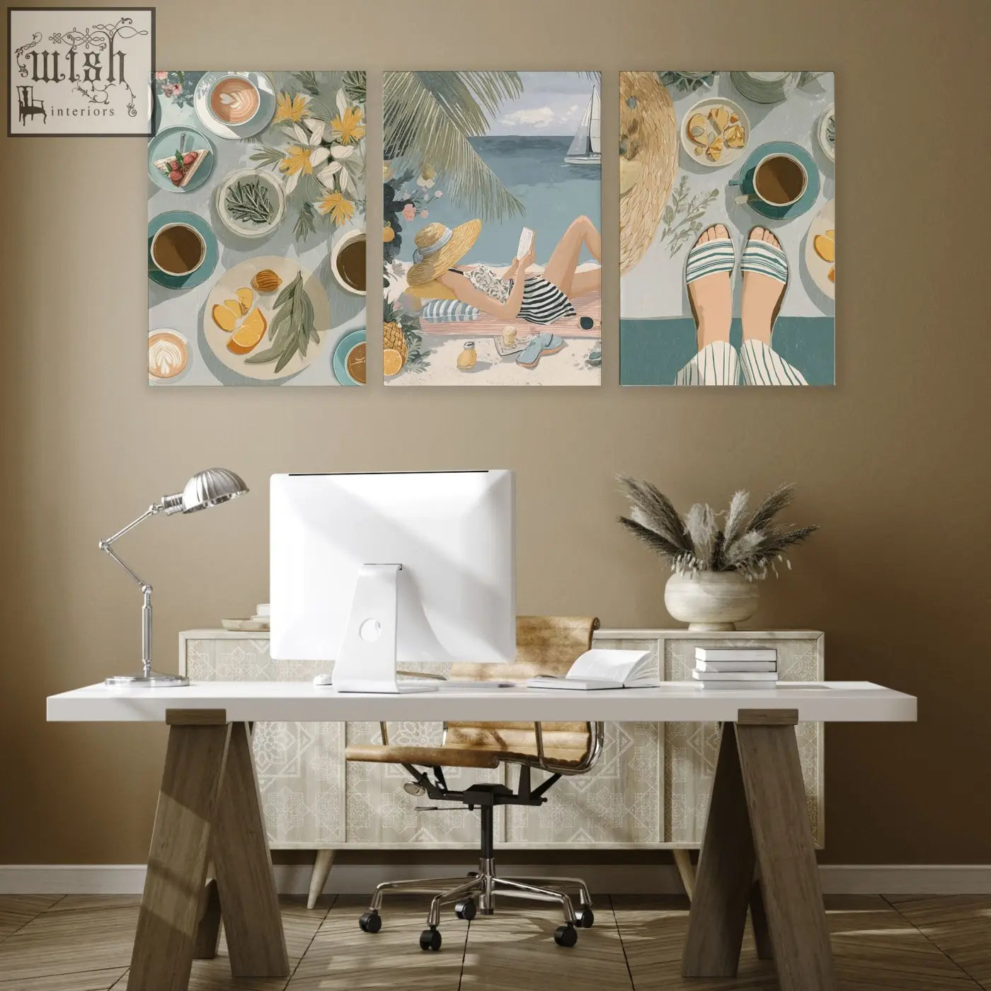 Three-panel canvas wall art featuring pastel tropical beach and food illustrations for italian lifestyle wall decor