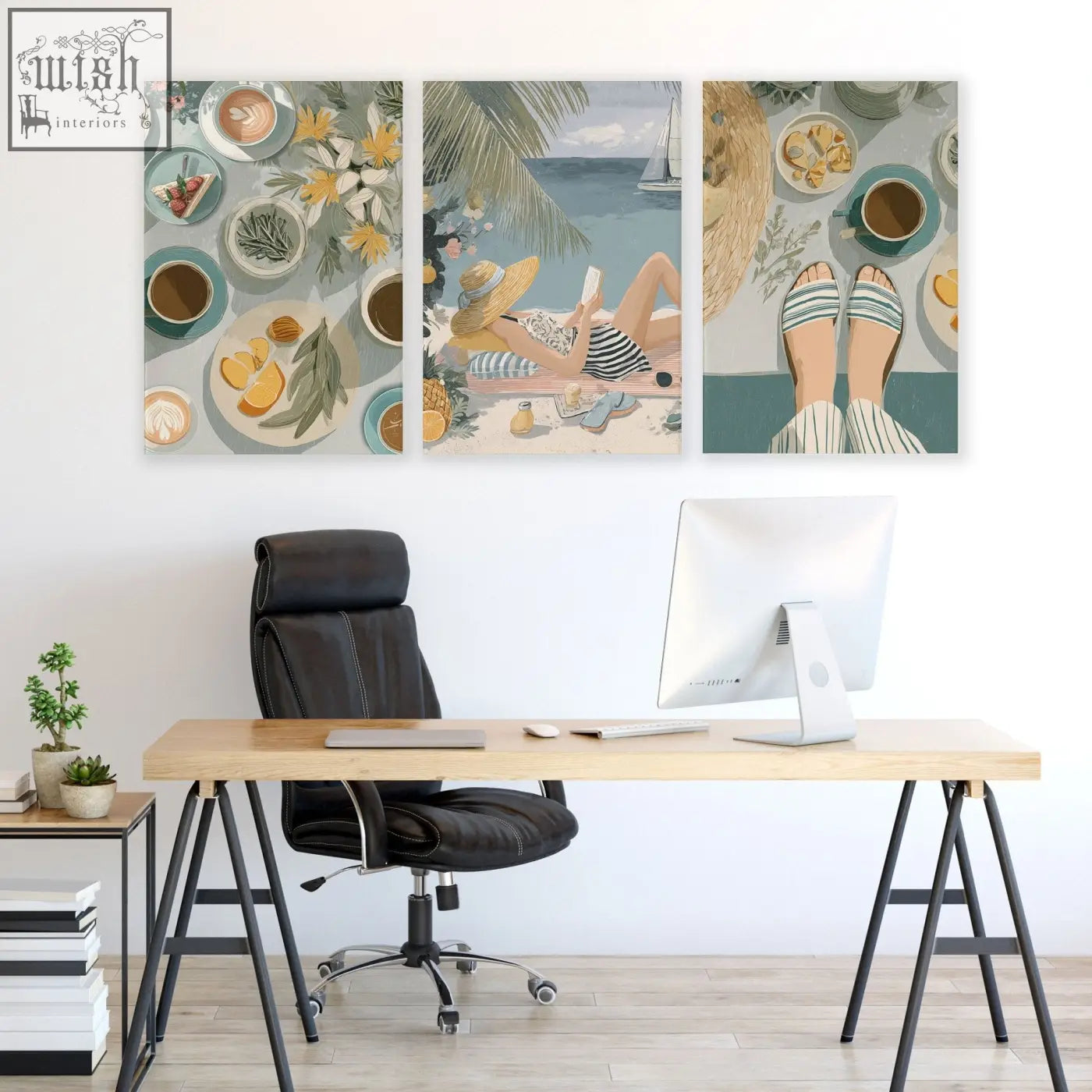 Three-panel illustrated wall art featuring a woman in a striped swimsuit and straw hat for italian lifestyle wall decor