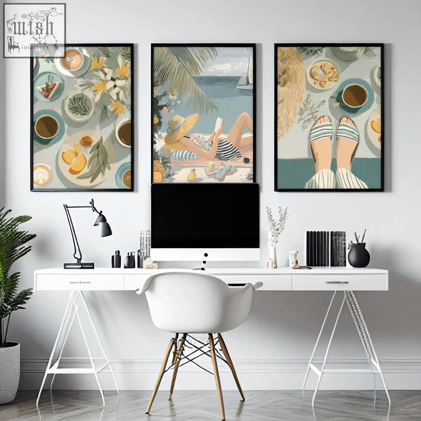 White eames style chair with wooden legs next to set of 3 italian lifestyle wall art prints for wall art decor