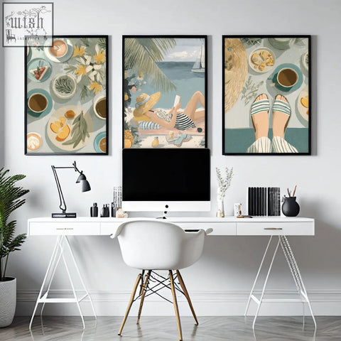 White eames style chair with wooden legs next to set of 3 italian lifestyle wall art prints for wall art decor