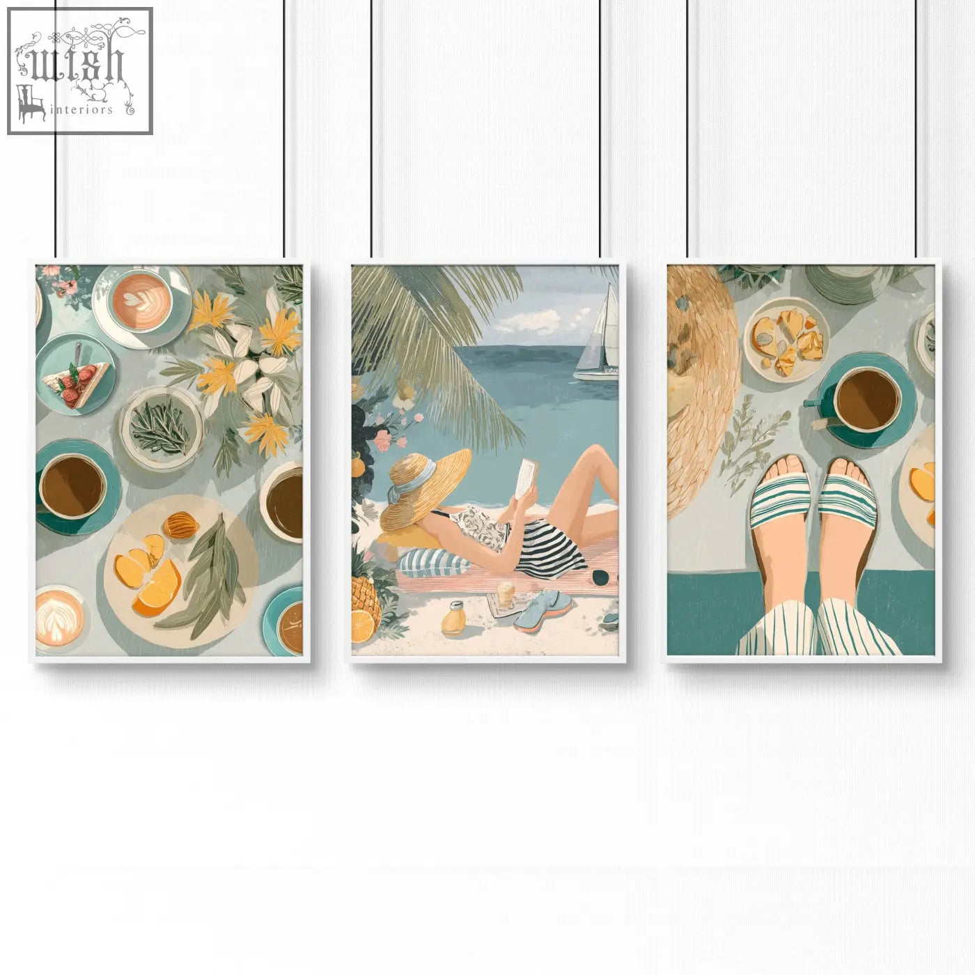Set of 3 italian lifestyle wall art prints featuring pastel teal coastal scenes perfect for stylish lifestyle wall art decor