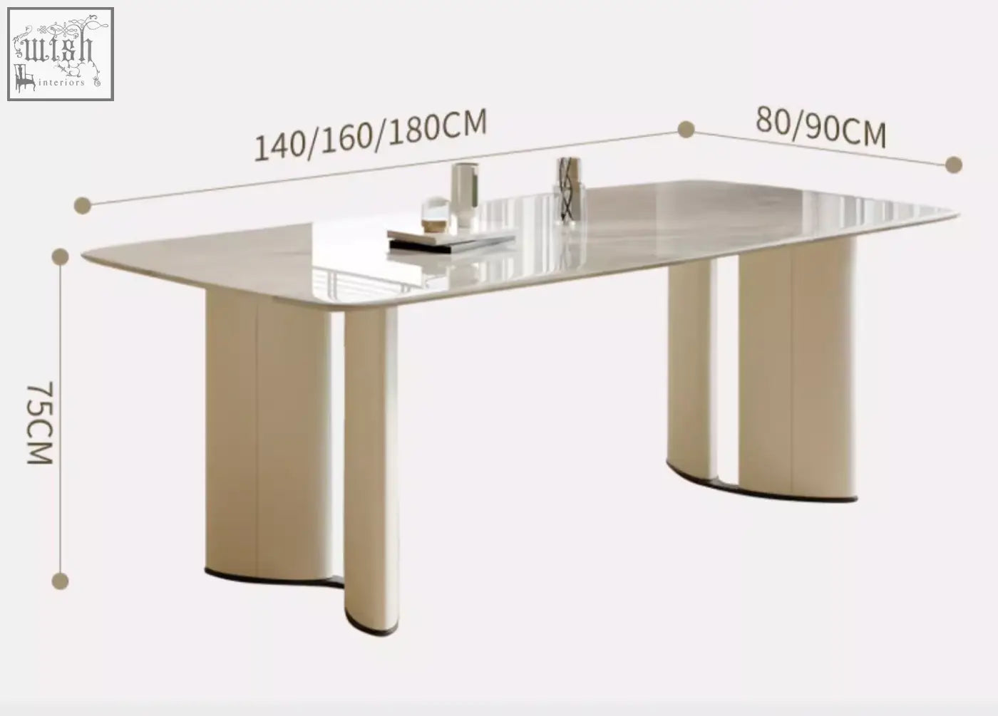 Modern felicia marble dining table with sleek reflective glass top and minimalist cream-colored cylindrical legs