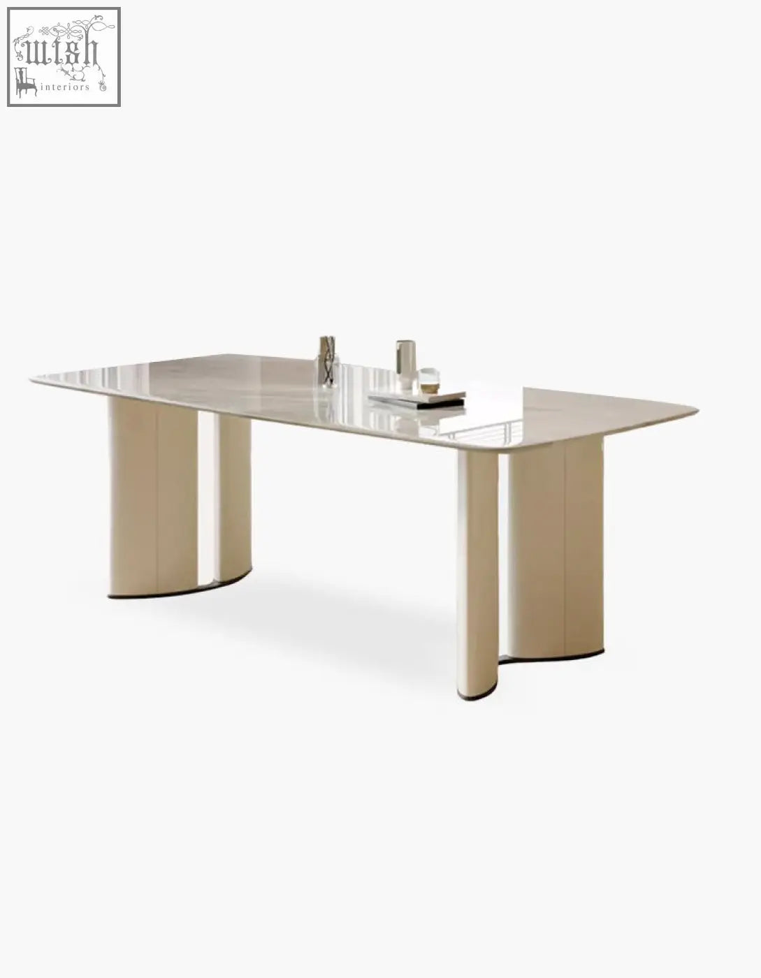 Modern felicia marble dining table with a sleek reflective glass top and cream colored cylindrical legs