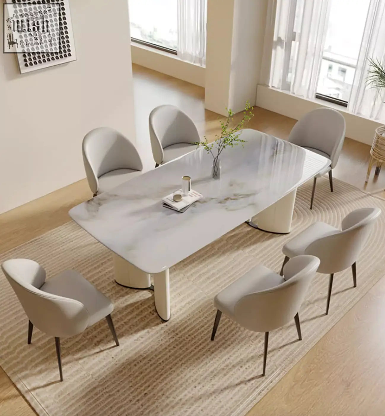 Felicia marble dining table with modern white marble top and sleek curved legs minimalist marble dining table